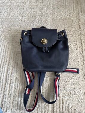 Tommy Hilfiger Navy Pebble Leather Backpack with Striped Webbing